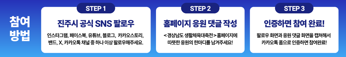 참여방법: STEP1 진주시 공식 SNS 팔로우, STEP2 홈페이지 응원 댓글 작성, STEP3 인증하면 참여 완료. 참여기간 2026.7.22~7.26, 당첨자 선물 배달의민족 상품권 1만원권 50명